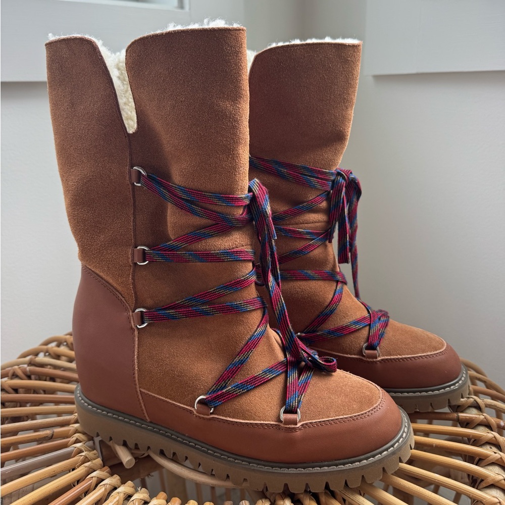 Sundance Unique Brown Suede Red Lace-Up Wedge Winter Boots